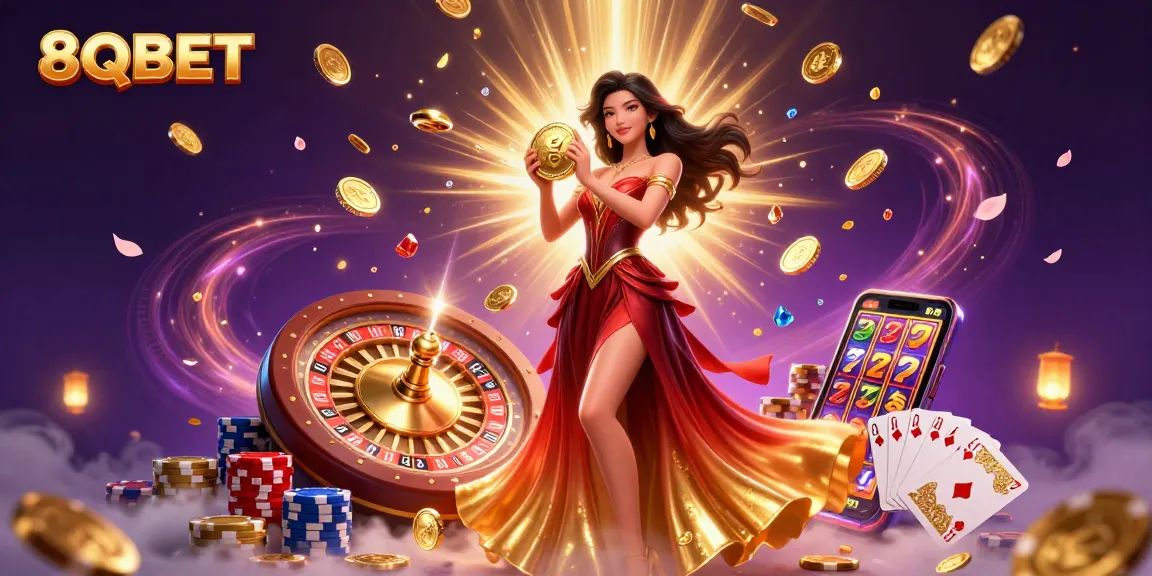 Experience 8QBET with a stunning illustration showcasing a vibrant casino scene filled with gold coins, poker chips, and excitement.