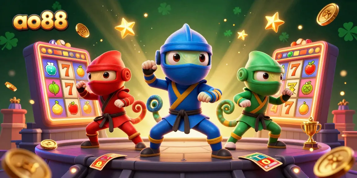 Experience the vibrant action of ao88 with chameleon ninjas in a dynamic casino slot game scene.