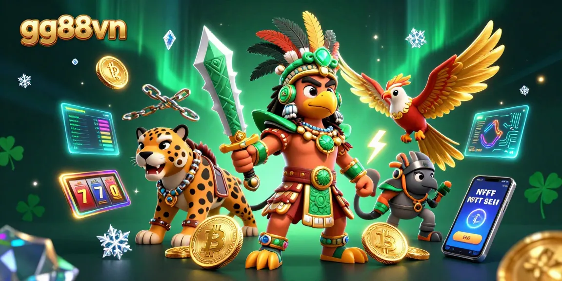 Experience thrilling action at gg88vn with an Aztec warrior and crypto-themed gaming elements.