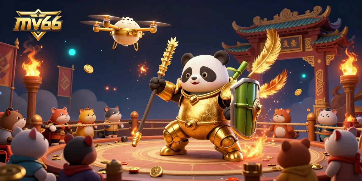 Experience thrilling action at mv66 with 3D golden panda and bamboo robot battling in a vibrant casino arena.