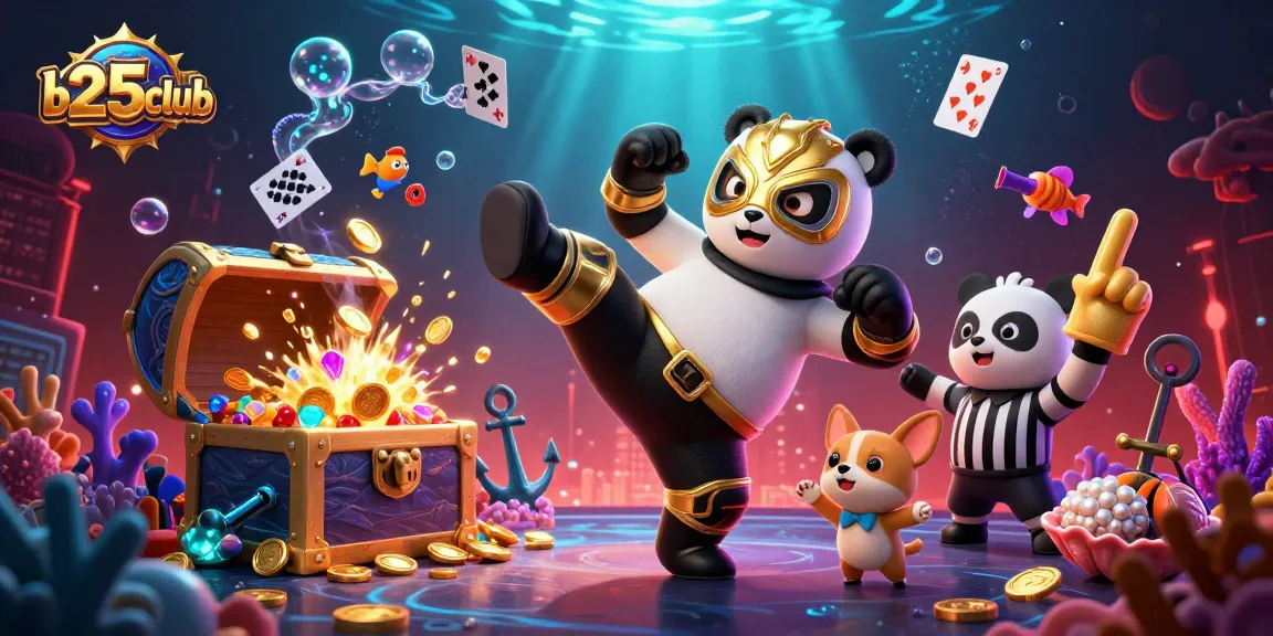 Experience the thrill of b25club with playful panda wrestlers in a vibrant casino scene.