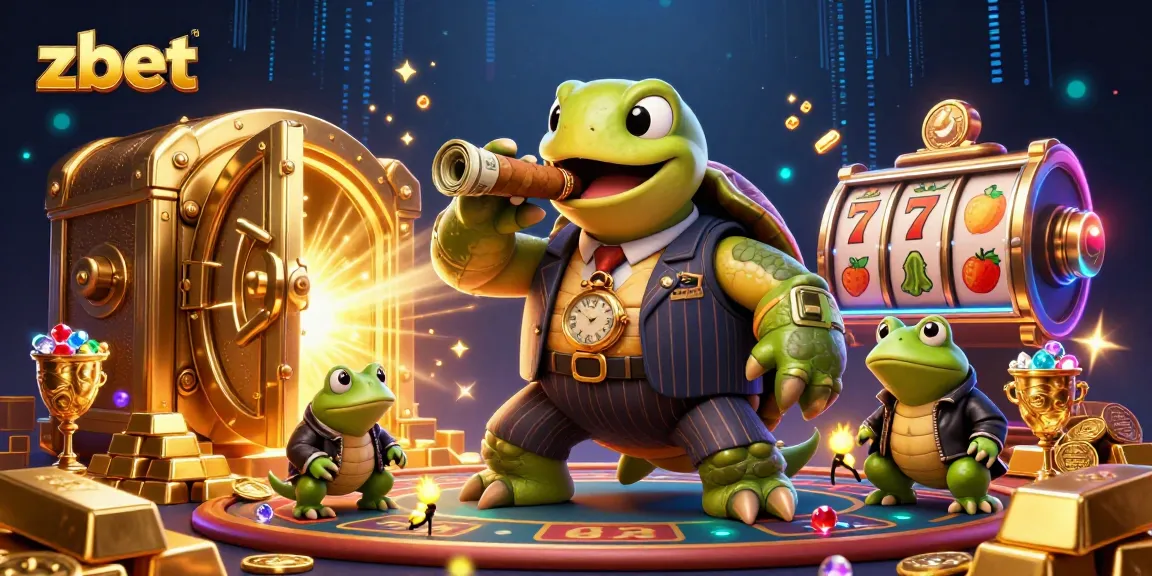 Experience the excitement of zbet with a vibrant casino scene featuring a turtle mobster and treasure.