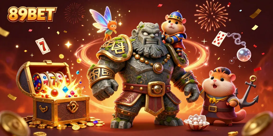 Engage in thrilling gaming action with 89BET's dynamic casino adventure illustration featuring vibrant treasures.