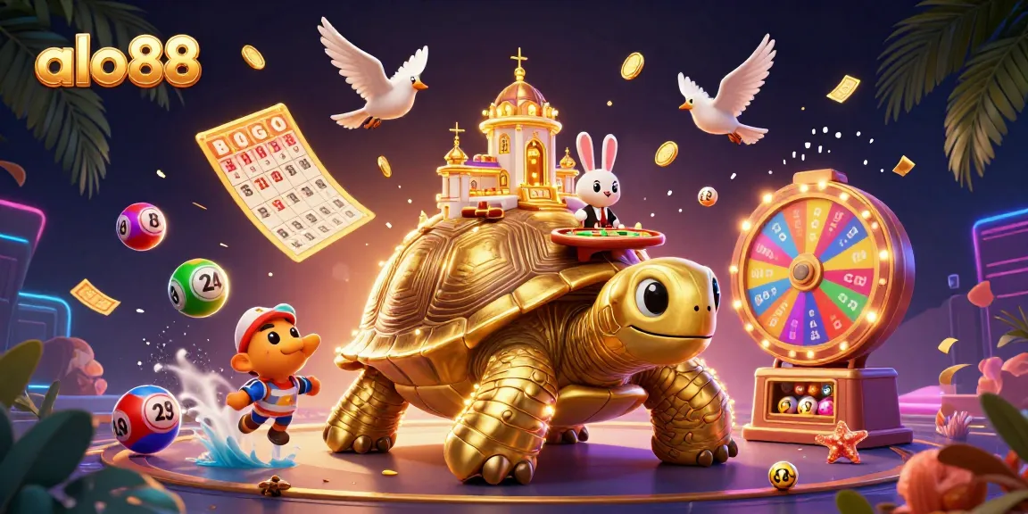 Betting on exciting games at alo88, where golden tortoises spin prizes surrounded by colorful lottery elements.