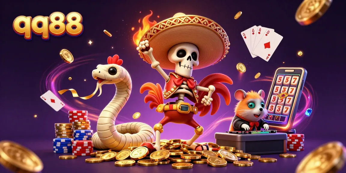 qq88 showcases a lively casino scene with colorful characters celebrating amidst golden coins and dazzling game elements.