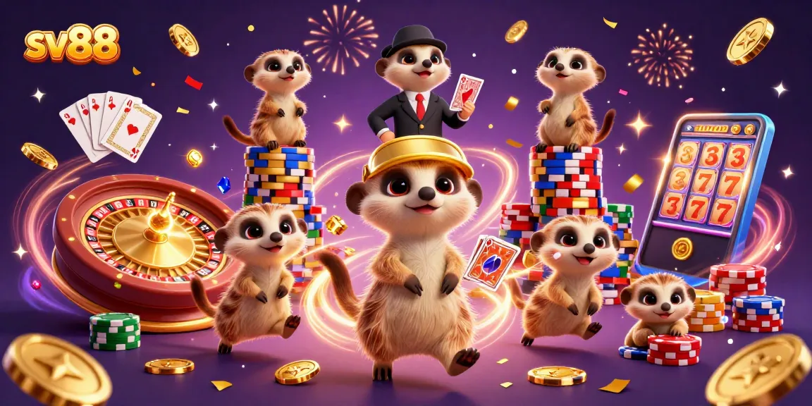 Experience the excitement at sv88 casino with playful meerkats managing a vibrant gaming floor.