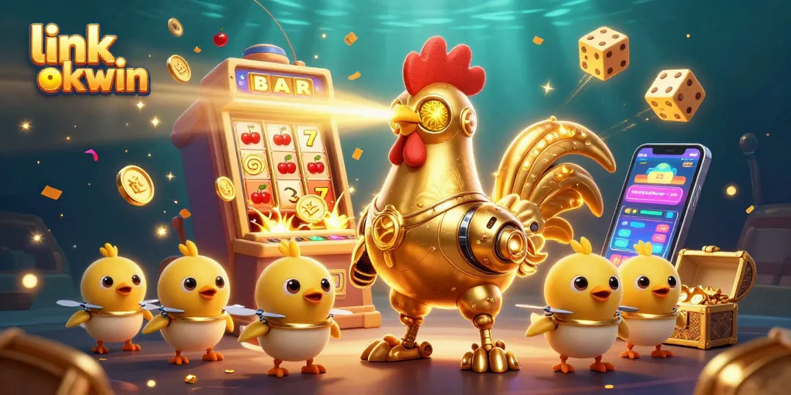 Engage in thrilling casino fun with link okwin, featuring a golden rooster robot and baby chick drones.