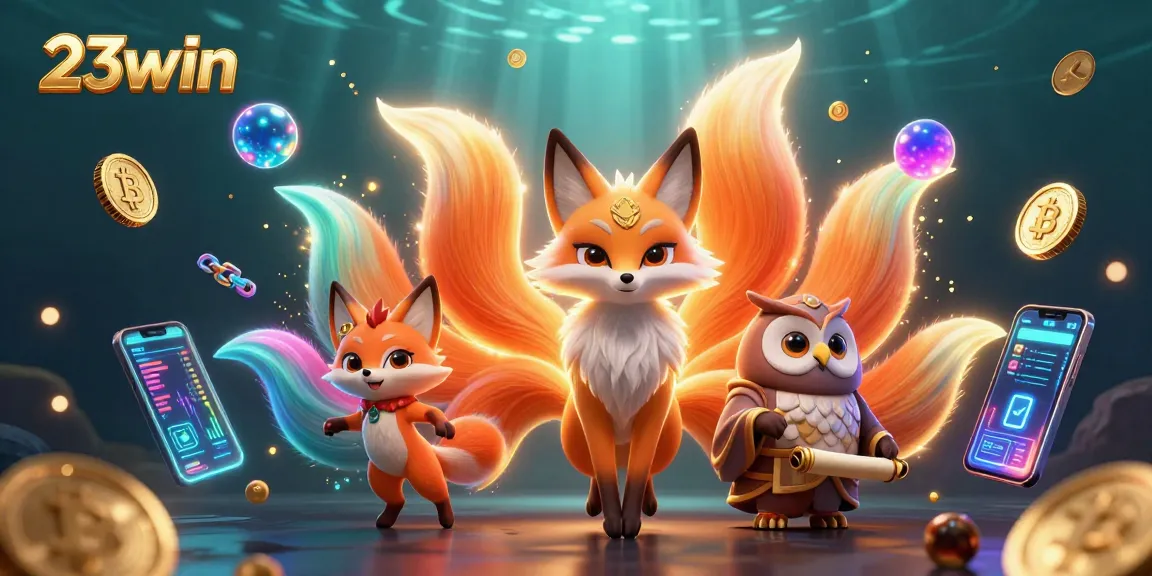 Experience the thrill of 23win with a vibrant 3D casino scene showcasing mystical characters and crypto elements.