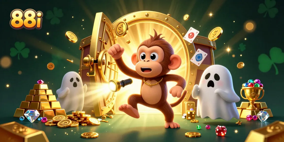 Engage with 88i's thrilling haunted casino scene filled with golden treasures and playful spirits.