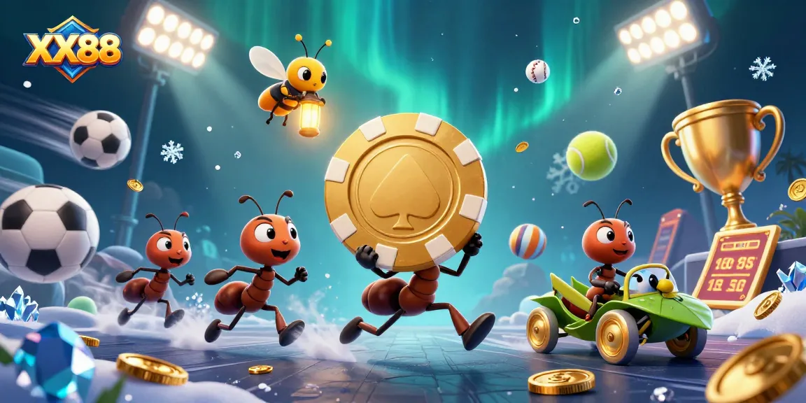 Experience the excitement of XX88 with ants heisting a giant poker chip amidst dynamic sports elements.