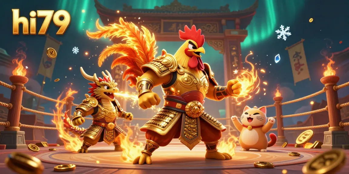 Engage in thrilling gameplay at hi79 with a roaring rooster warrior and a dragon hatchling in an action-packed casino scene.