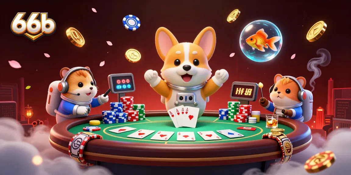Watch the 66b animated scene featuring a floating corgi and poker elements in zero gravity.