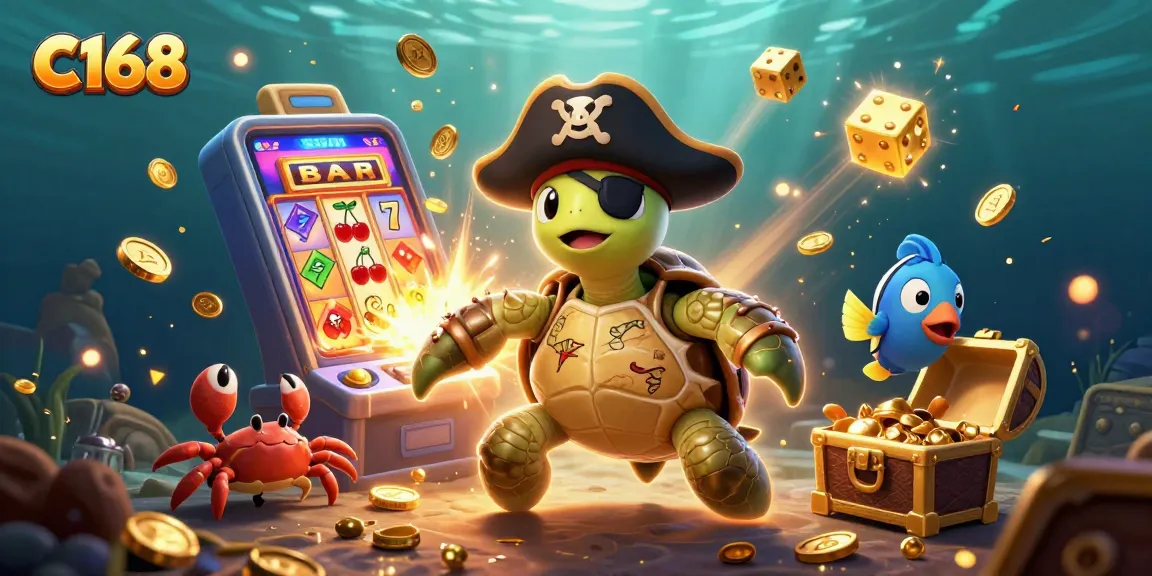 Engage in the thrilling C168 casino adventure with a pirate turtle and treasures aplenty.