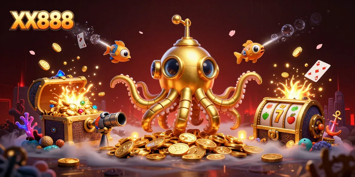 Engage with XX888 as the golden kraken submarine emerges in a treasure-filled underwater casino