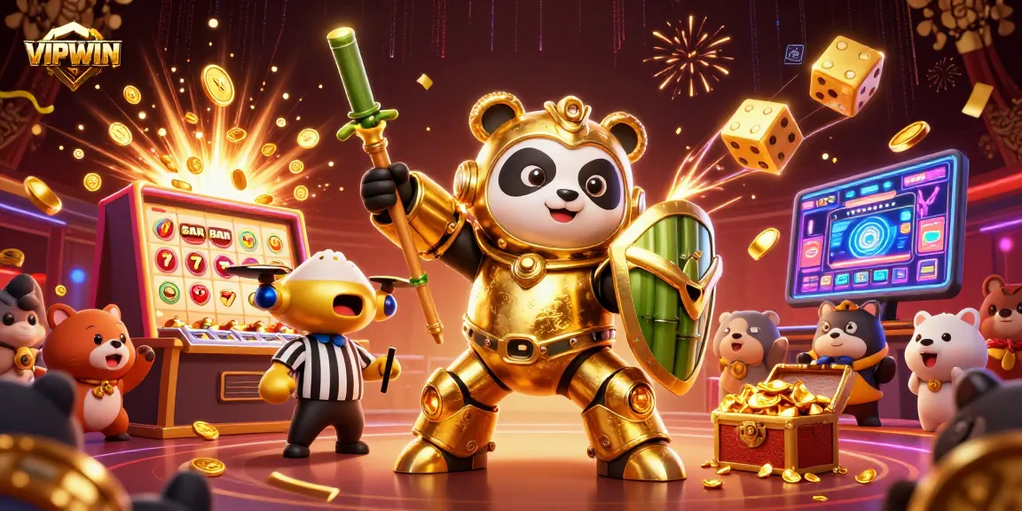 VIPWIN offers a dynamic 3D casino illustration showcasing excitement with slot machines and lively characters.