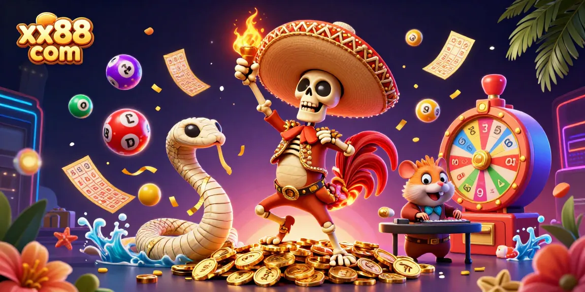 Experience thrilling fun at xx88 com with vibrant casino elements and cartoon characters celebrating wins.