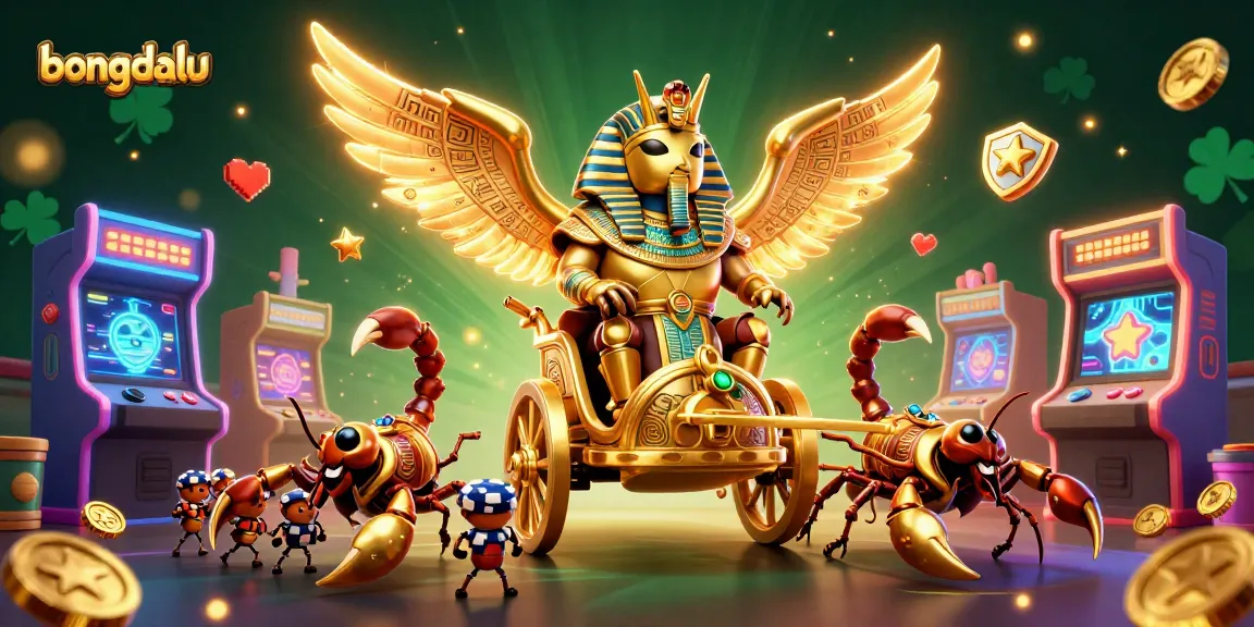 Bongdalu's dynamic sports betting scene with a golden scarab beetle and scorpions amongst vibrant gaming elements.