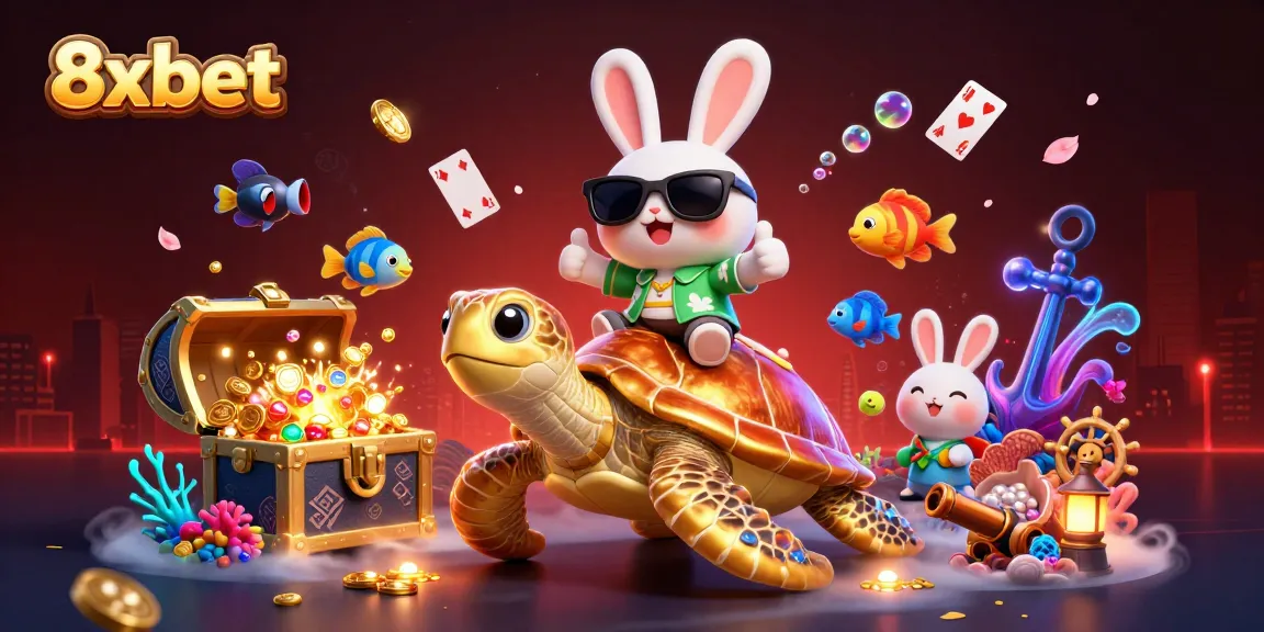 Spin the reels at 8xbet with colorful cartoon characters enjoying a vibrant casino adventure.