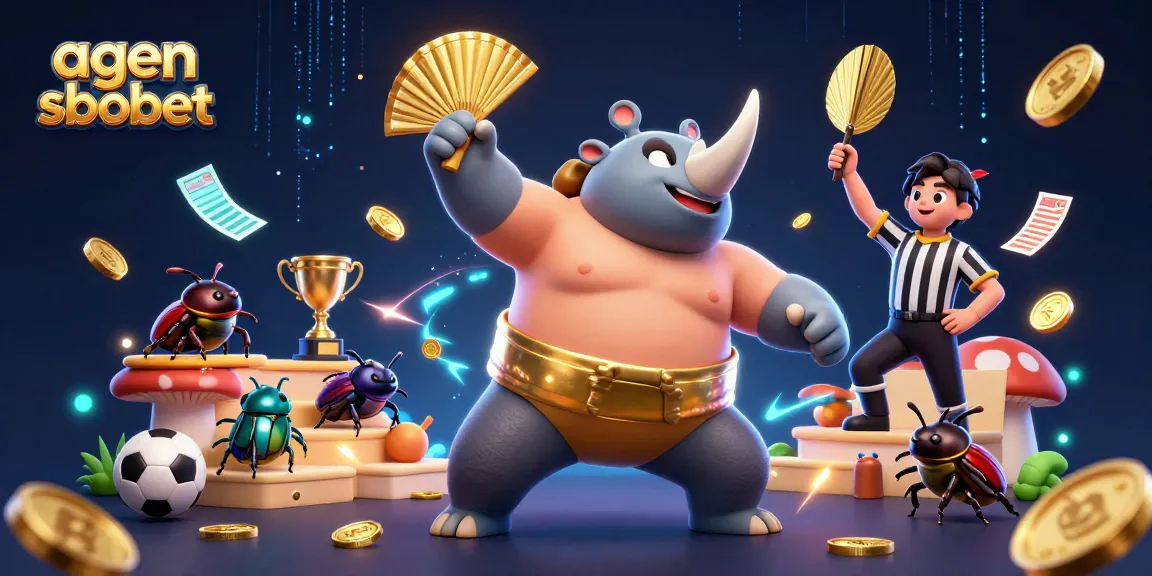 Engage in dynamic sports betting action with agen sbobet as a cartoon rhinoceros beetle champion sends coins flying.