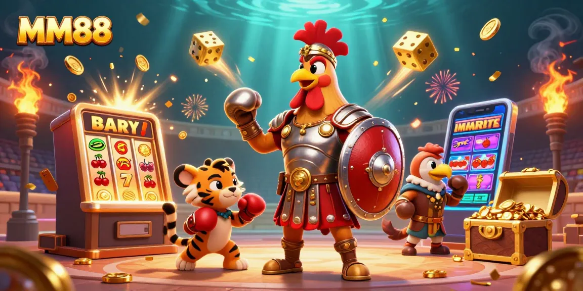 Engage with MM88’s thrilling gaming experience featuring a rooster gladiator in an arena bursting with slot game excitement.