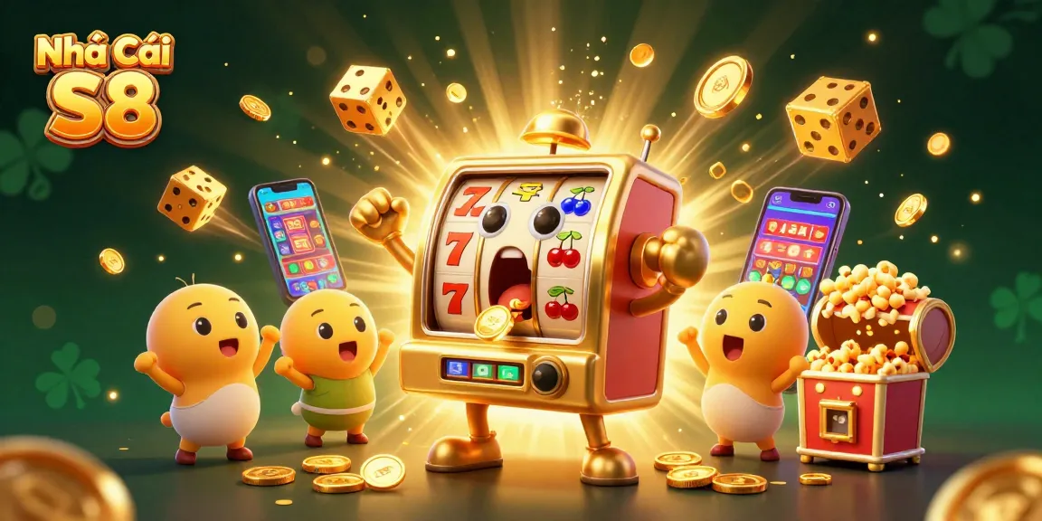 Experience the thrill with Nhà Cái S8's golden slot machine hitting a jackpot in a vibrant casino scene.