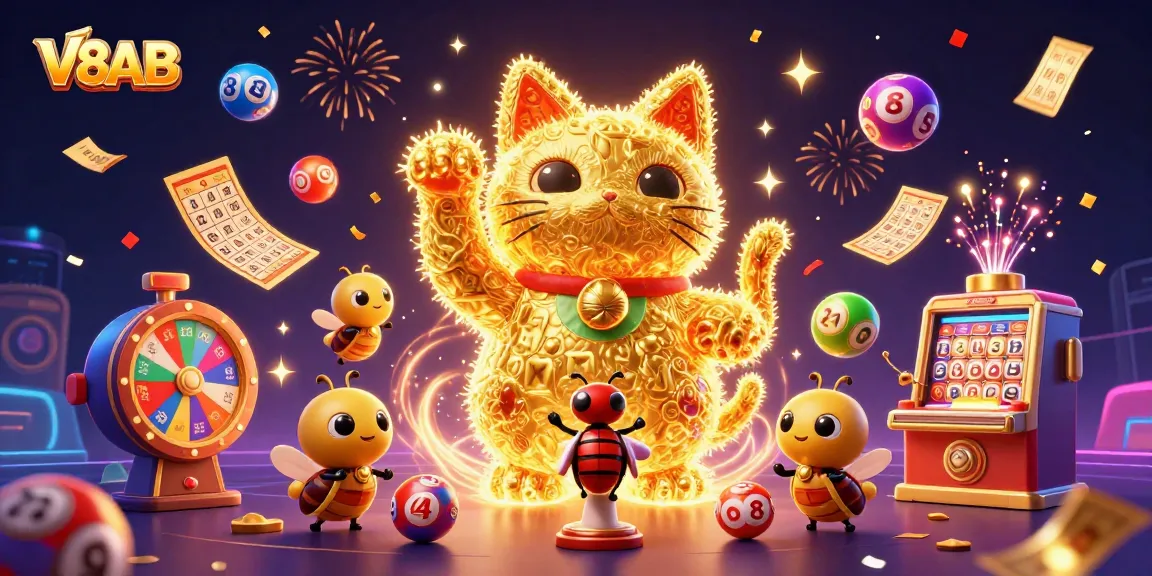 V8AB showcases a vibrant 3D illustration of a lucky cat amidst colorful gambling symbols, enhancing the gaming experience.