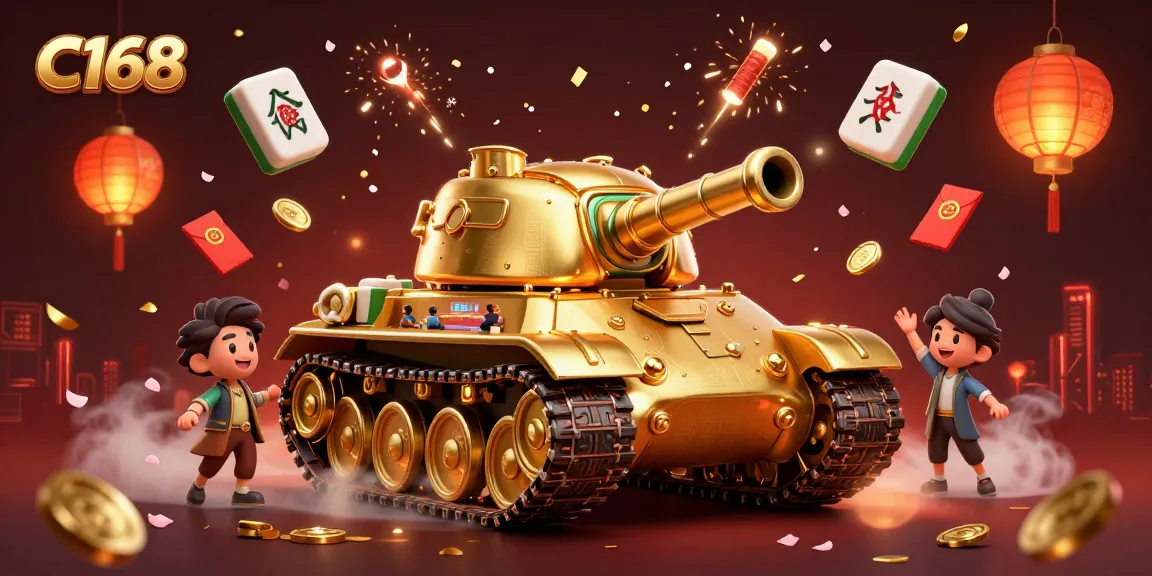 C168 tank showcases a miniature casino with golden elements, confetti, and vibrant game features.