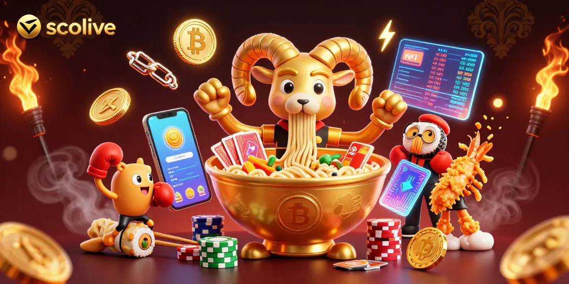 Socolive enhances the online gambling experience with a lively golden ramen bowl dealer and interactive crypto elements.