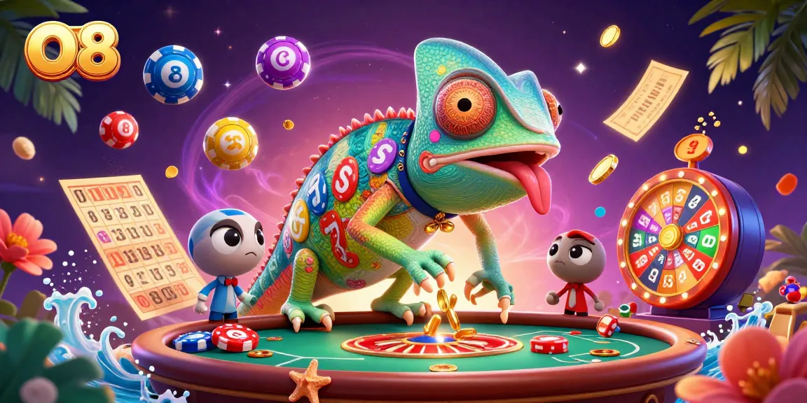 O8 offers thrilling gaming with a vibrant chameleon, lottery balls, and golden prizes in a lively casino scene.
