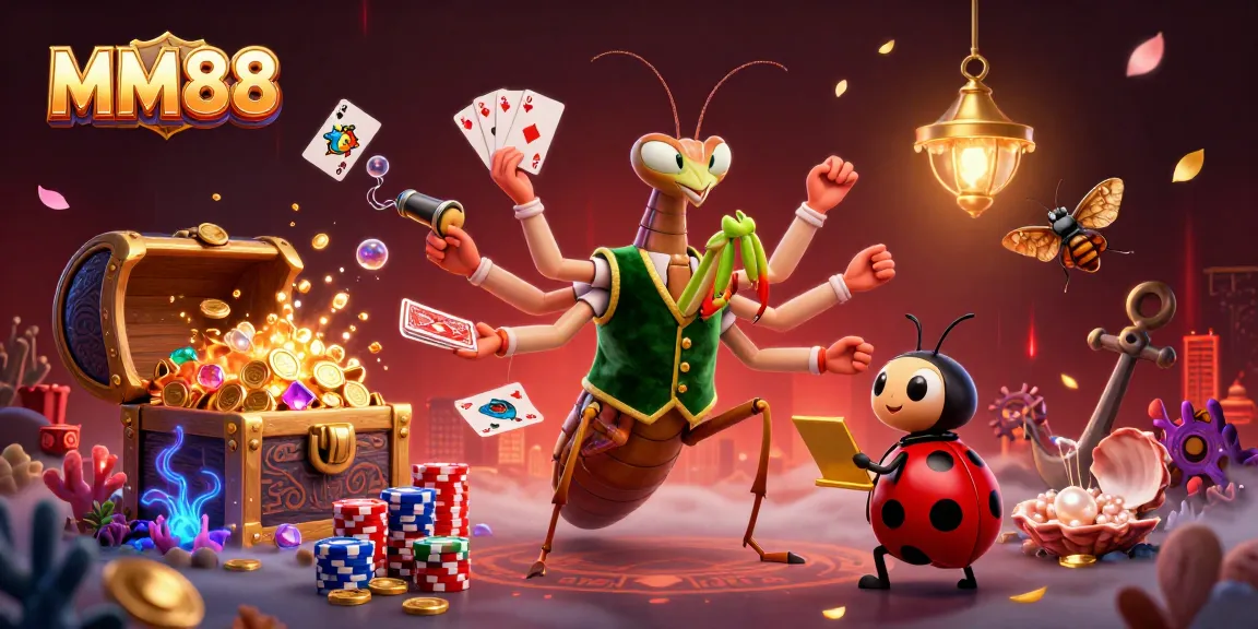 Engage in thrilling MM88 gambling action with a mantis dealer and ladybug boss amidst treasures.