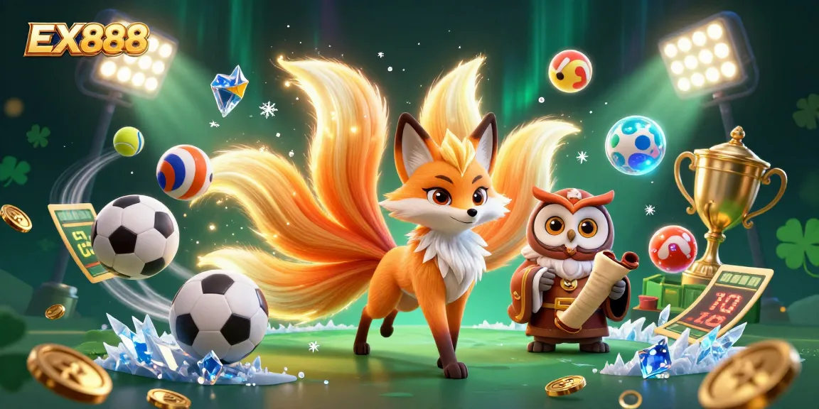 Experience the vibrant action of EX888 with a colorful nine-tailed fox and wise owl in an energetic sports betting scene.