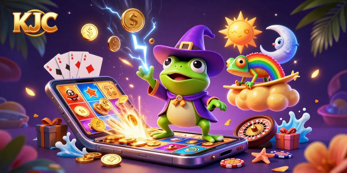 KJC engages in thrilling slot games as a magical frog conjures golden coins amidst vibrant gaming elements.