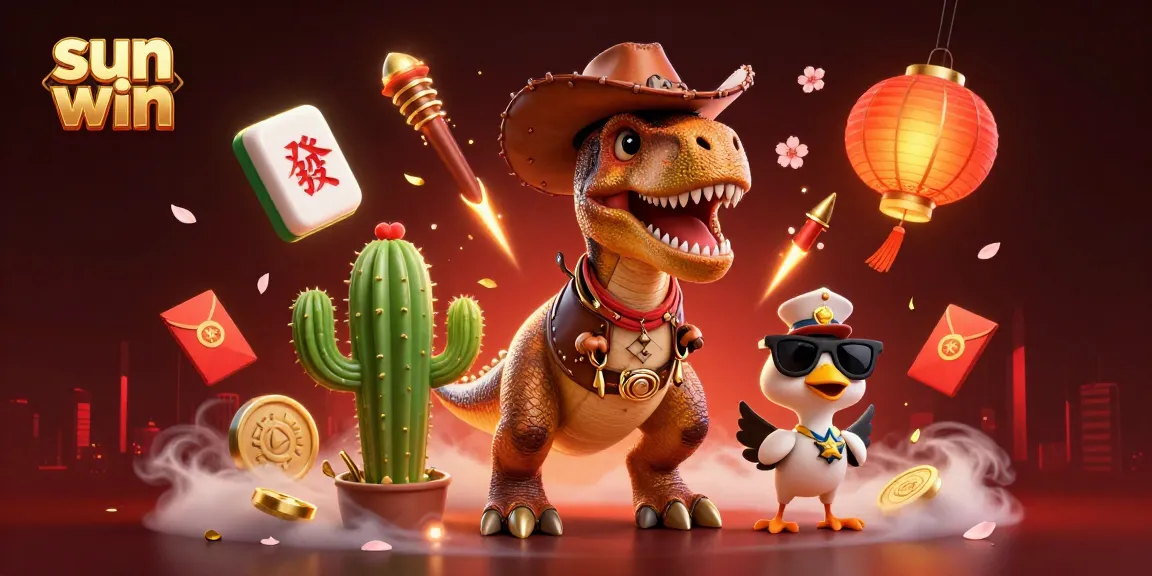 Sun win brings excitement with a T-Rex and friends in a vibrant casino scene filled with lucky symbols.