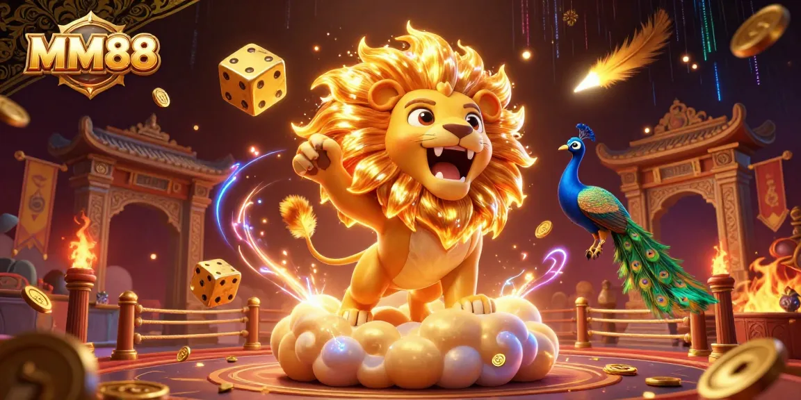 Experience the thrill of MM88 with a dynamic casino-themed 3D illustration showcasing a roaring lion and golden dice.