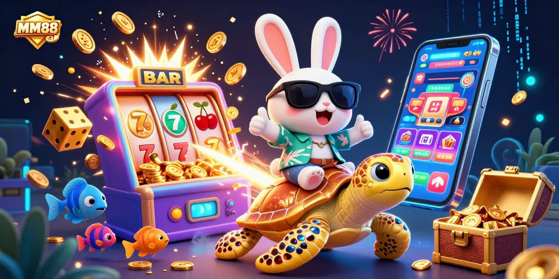 Experience the thrilling jackpot excitement at MM88 with our adorable lucky rabbit and golden turtle in this vibrant 3D scene.