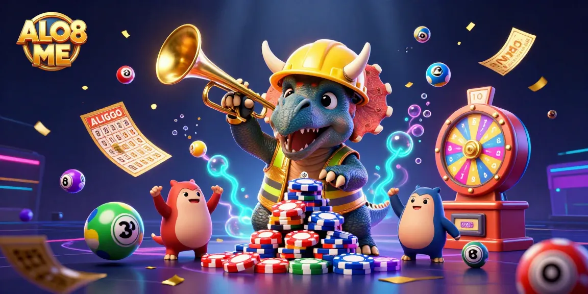 Engage in thrilling gameplay with ALO8 ME where a triceratops and a parasaurolophus celebrate with vibrant casino elements.