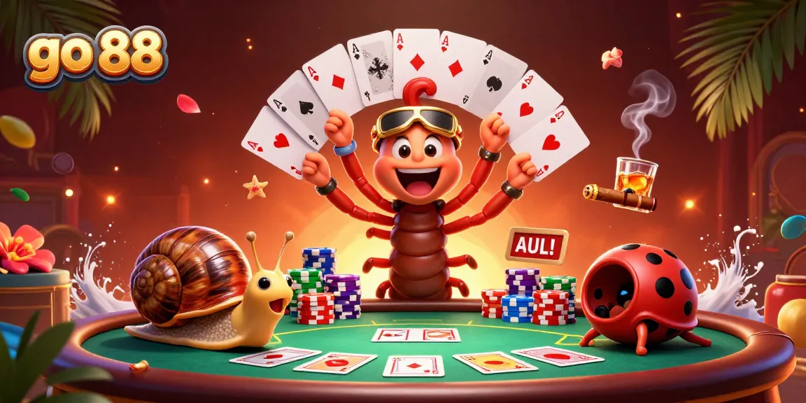 Experience thrilling gameplay at go 88 with a colorful casino scene featuring cartoon characters, poker elements, and excitement.